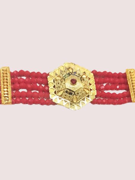 HexaCharm Red Beaded Necklace with Golden Hexagon Pendant
