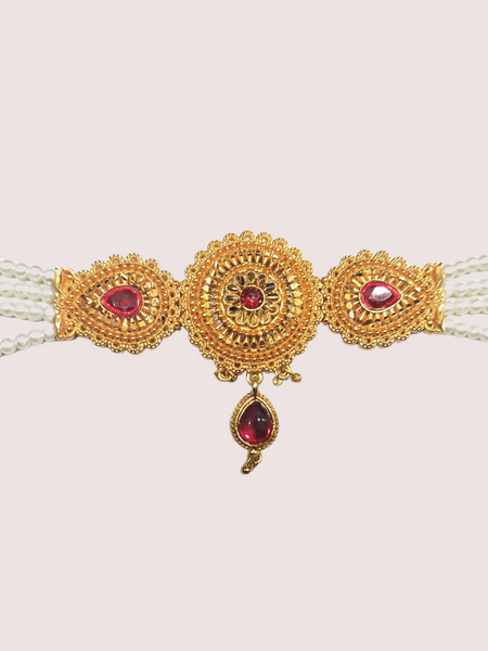 Royal Ruby Pearl Choker Necklace with Antique Gold Detailing