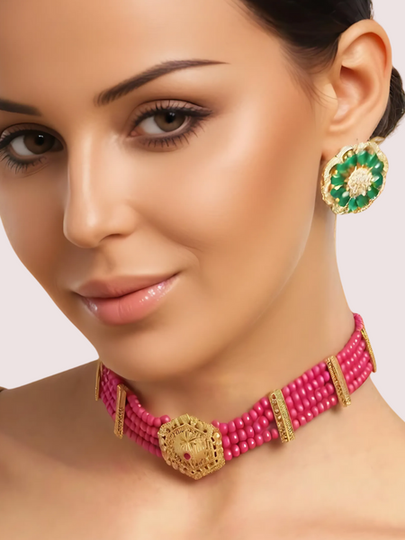 HexaCharm Red Beaded Necklace with Golden Hexagon Pendant