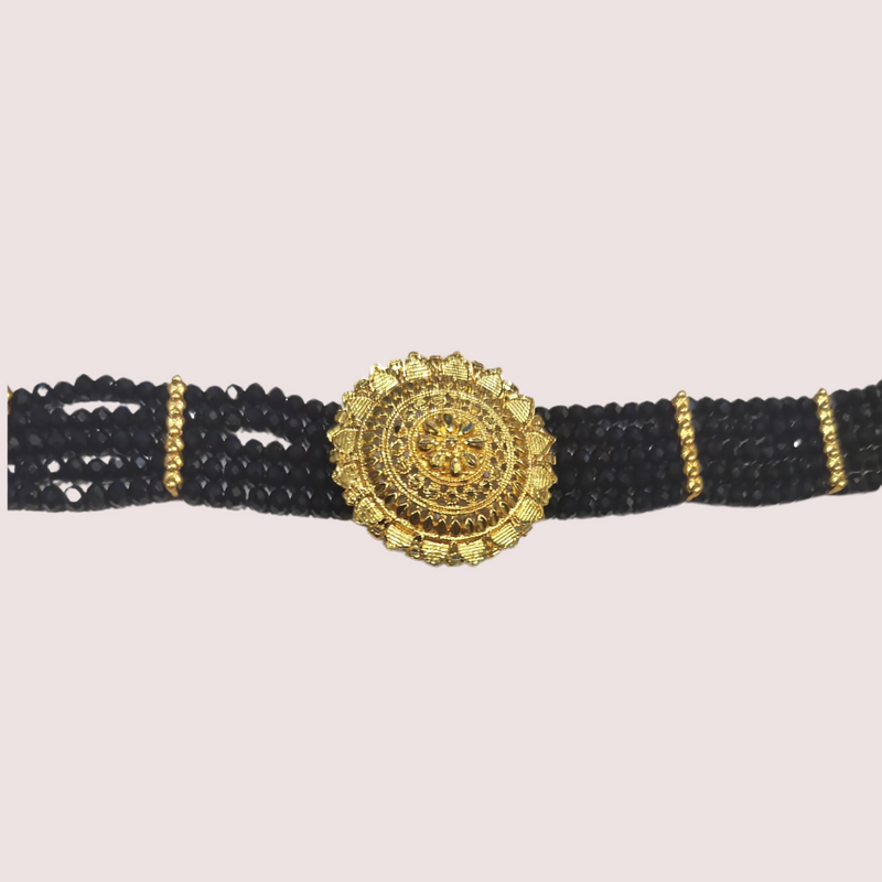 Midnight Majesty Black Beaded Necklace with Ornate Gold Floral Medallion